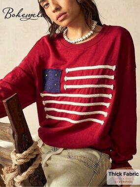 NWOT Bohemela Red Rope-Detail Flag Sweatshirt, Various Sizes